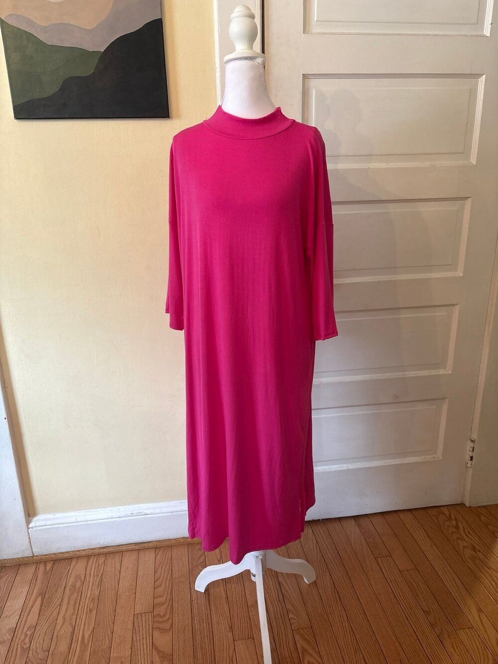 Womens dress boxy modest mock neck turtleneck side slit pink casual trad wife